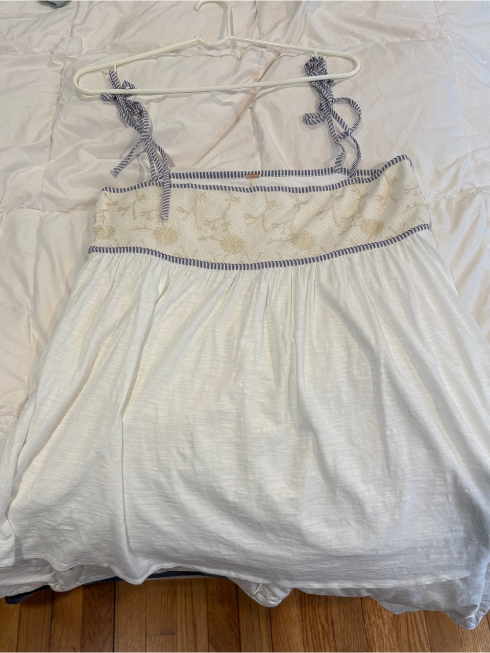 White Tunic tank with Navy Trim and Embroidered Bodice